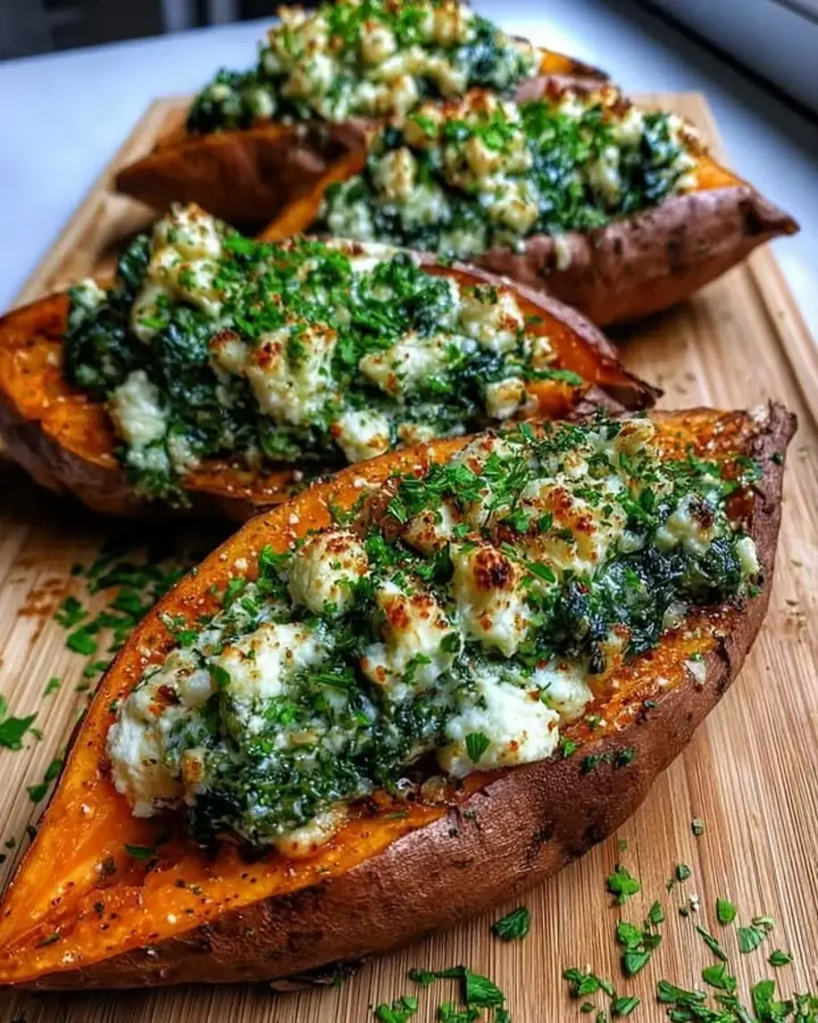 Creamy Spinach Ricotta Stuffed Sweet Potatoes with Herb Drizzle