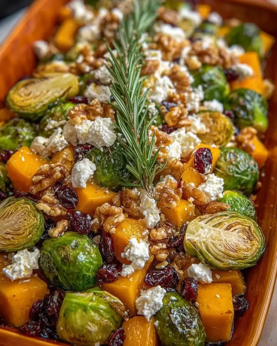 Honey Glazed Brussels Sprouts Butternut Squash with Toasted Walnuts and Feta Crumble