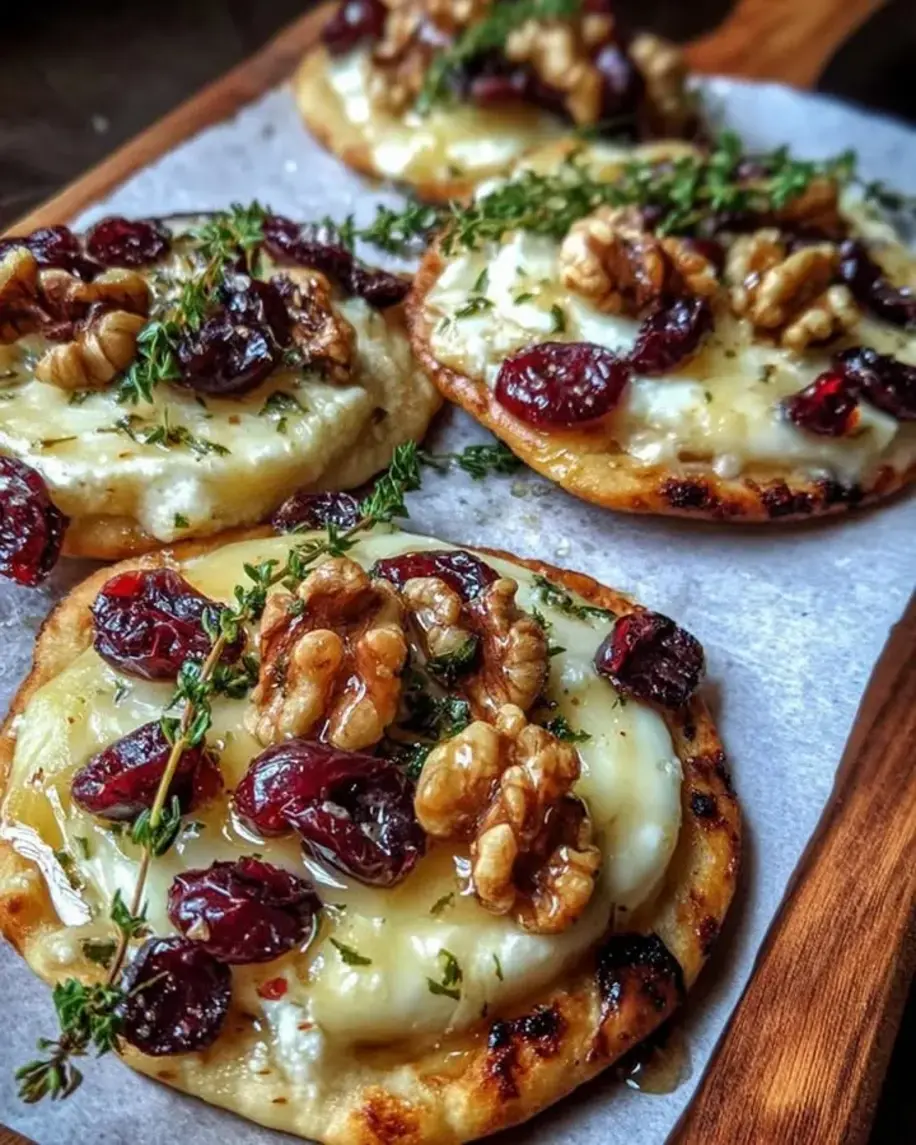 Mini Pizza with Brie Cranberries Toasted Walnuts with a Hot Honey Drizzle