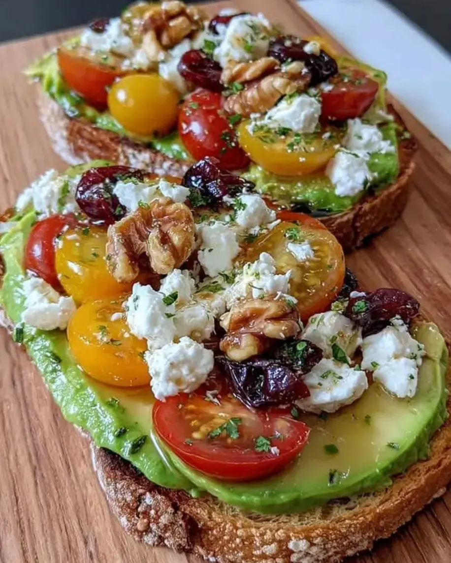 Avocado Toast with Feta Cherry Tomatoes Cranberries and Walnuts