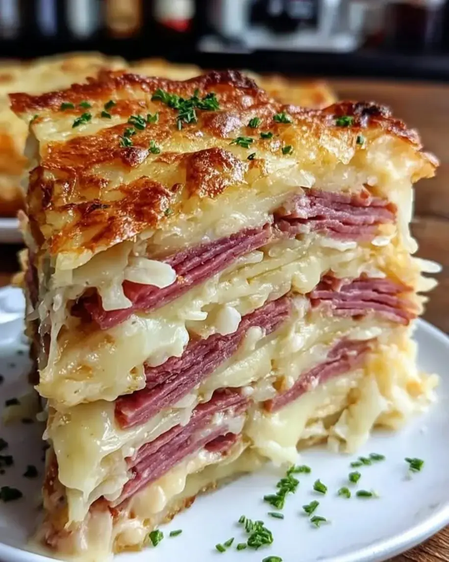 Reuben Bake with Layers of Corned Beef Sauerkraut and Swiss Cheese