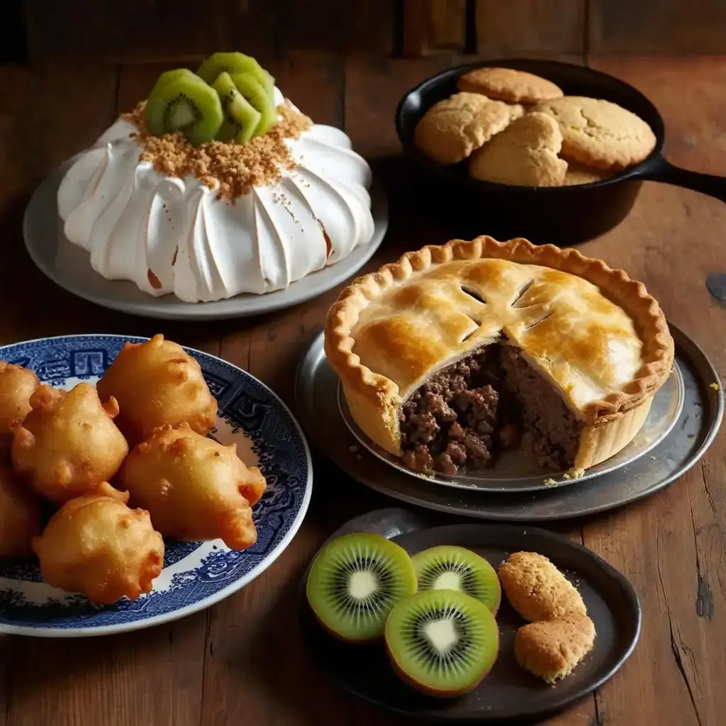 A beautifully baked Kiwiana meat pie with a golden crust, sliced to reveal the savory mince and cheese filling.