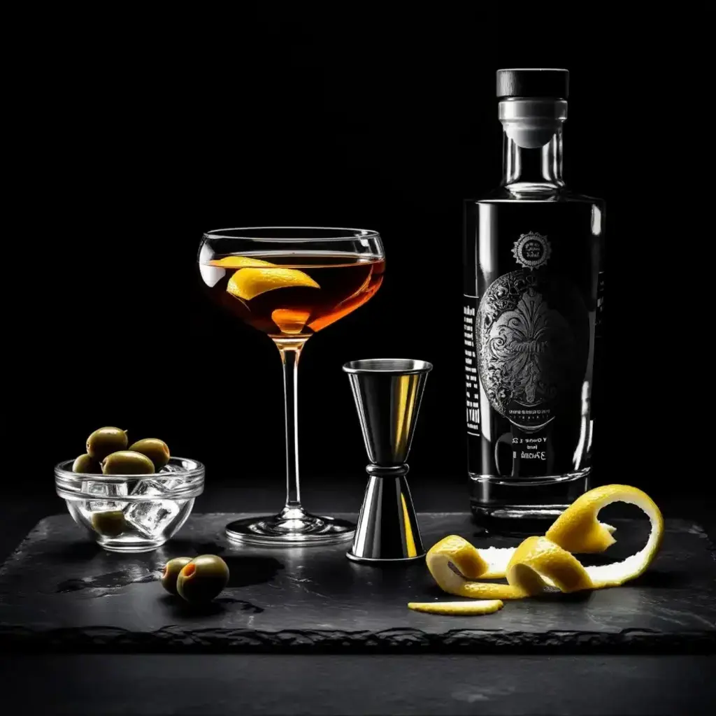 A perfectly chilled gin martini in a coupe glass, garnished with a lemon twist.