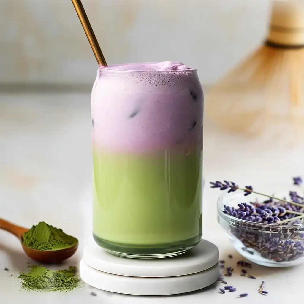 A beautifully prepared lavender matcha latte in a clear glass, showcasing its vibrant green color and frothy top, with a sprig of lavender on the side.