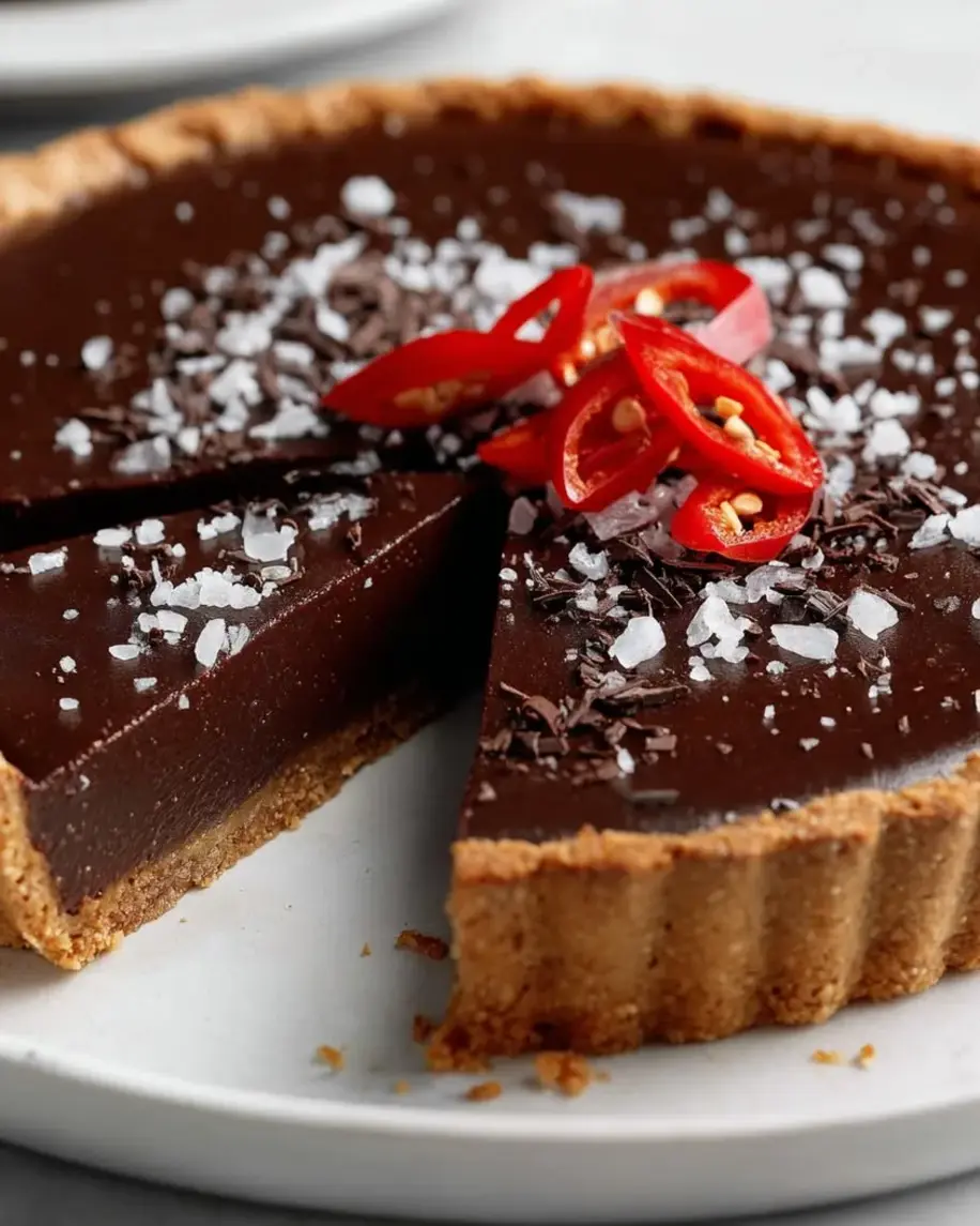 Dark Chocolate Chili Tart slices with a pretzel crust