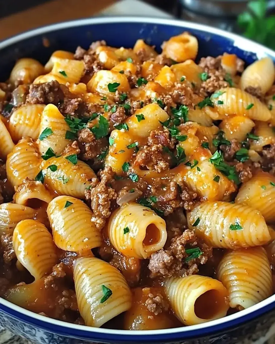 Creamy Beef and Shells in a skillet