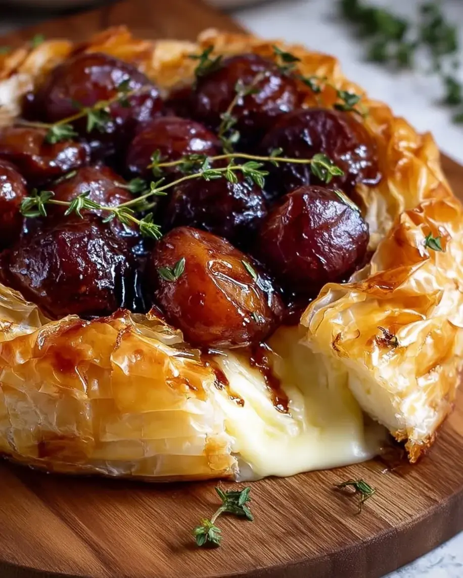 Creamy Baked Brie with Roasted Plums and Thyme Phyllo Crust ready to be served.