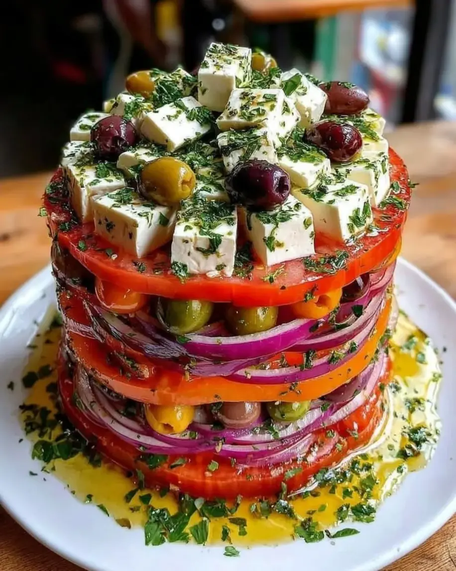 A beautifully assembled Greek Feta Salad Tower with layers of colorful vegetables and feta cheese.