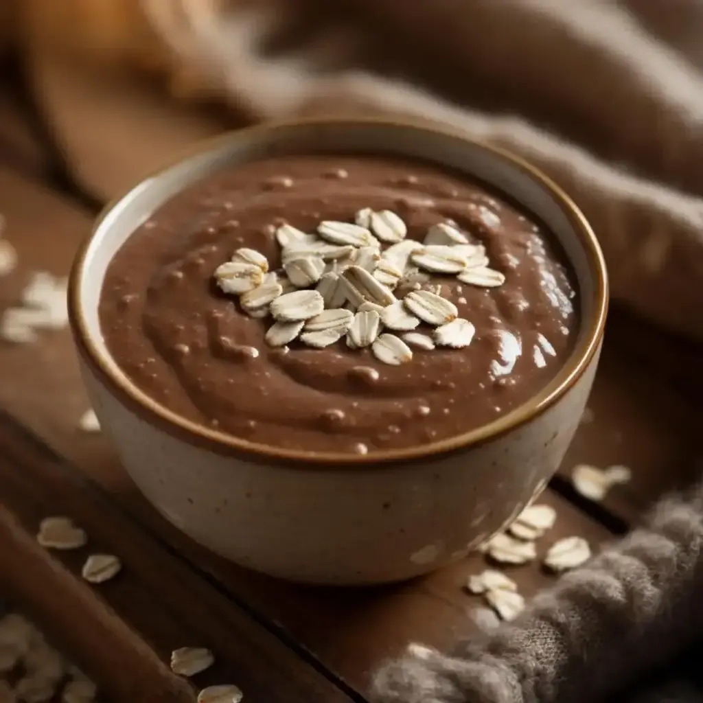 A healthy oat smoothie in a glass, garnished with a banana slice and a sprinkle of chia seeds