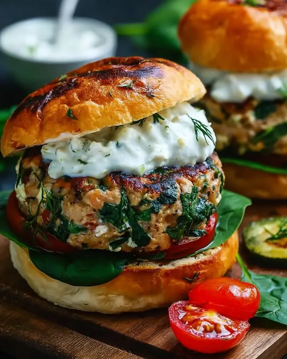 Delicious Sun-Dried Tomato Feta Spinach Burgers with Tzatziki Sauce on a bun with lettuce and tomato.