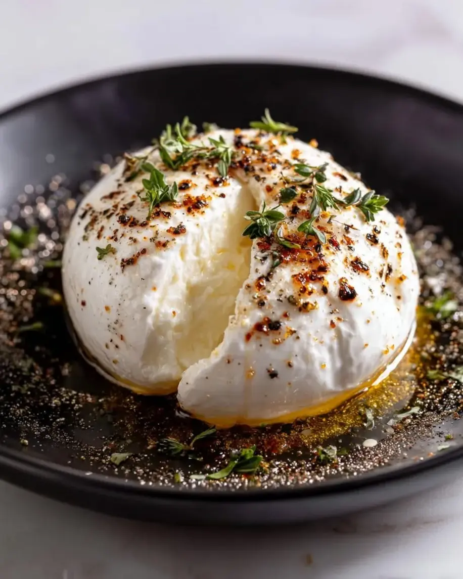 A beautifully arranged burrata appetizer with citrus oil and edible glitter