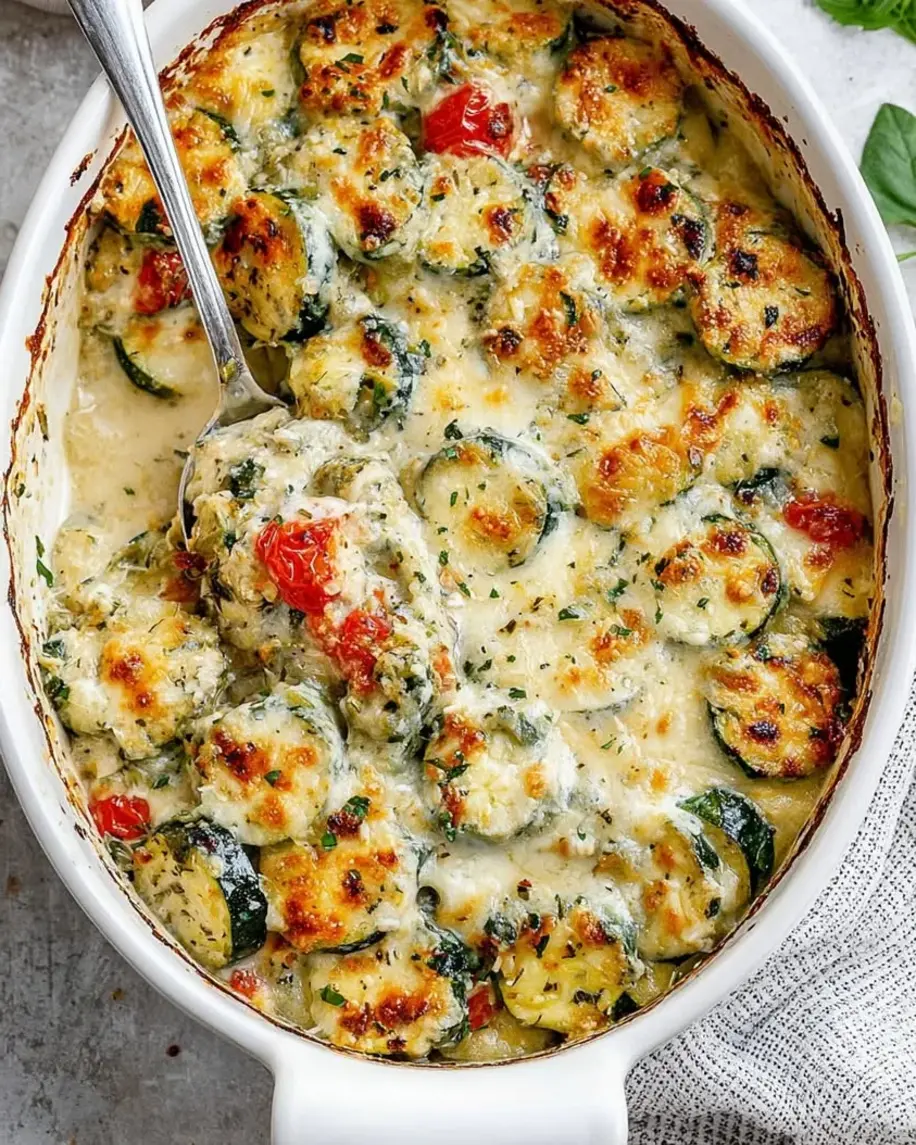 Oven-baked zucchini and cheese in a casserole dish