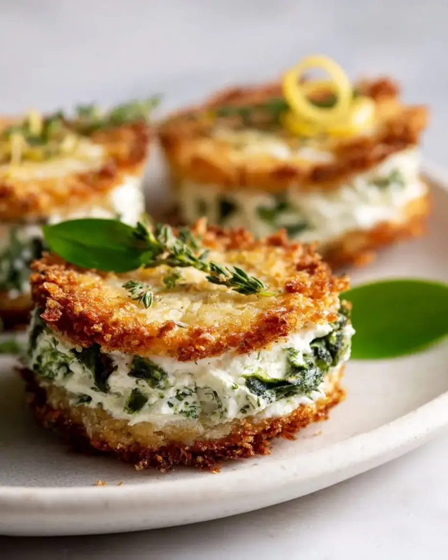 A close-up of a savory parmesan waffle sandwich filled with basil ricotta mousse.