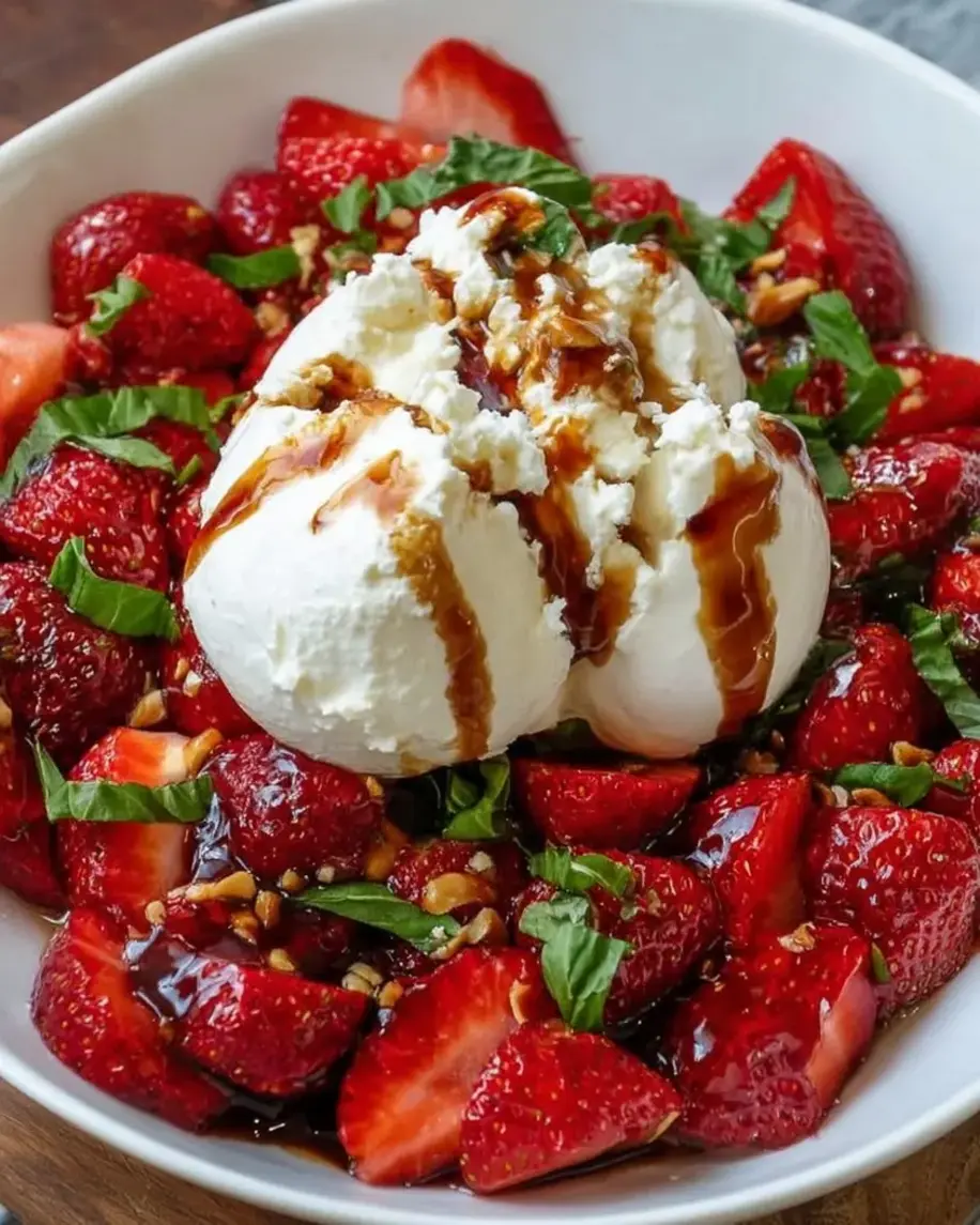Burrata Strawberry Caprese Salad on a platter with fresh basil and balsamic glaze