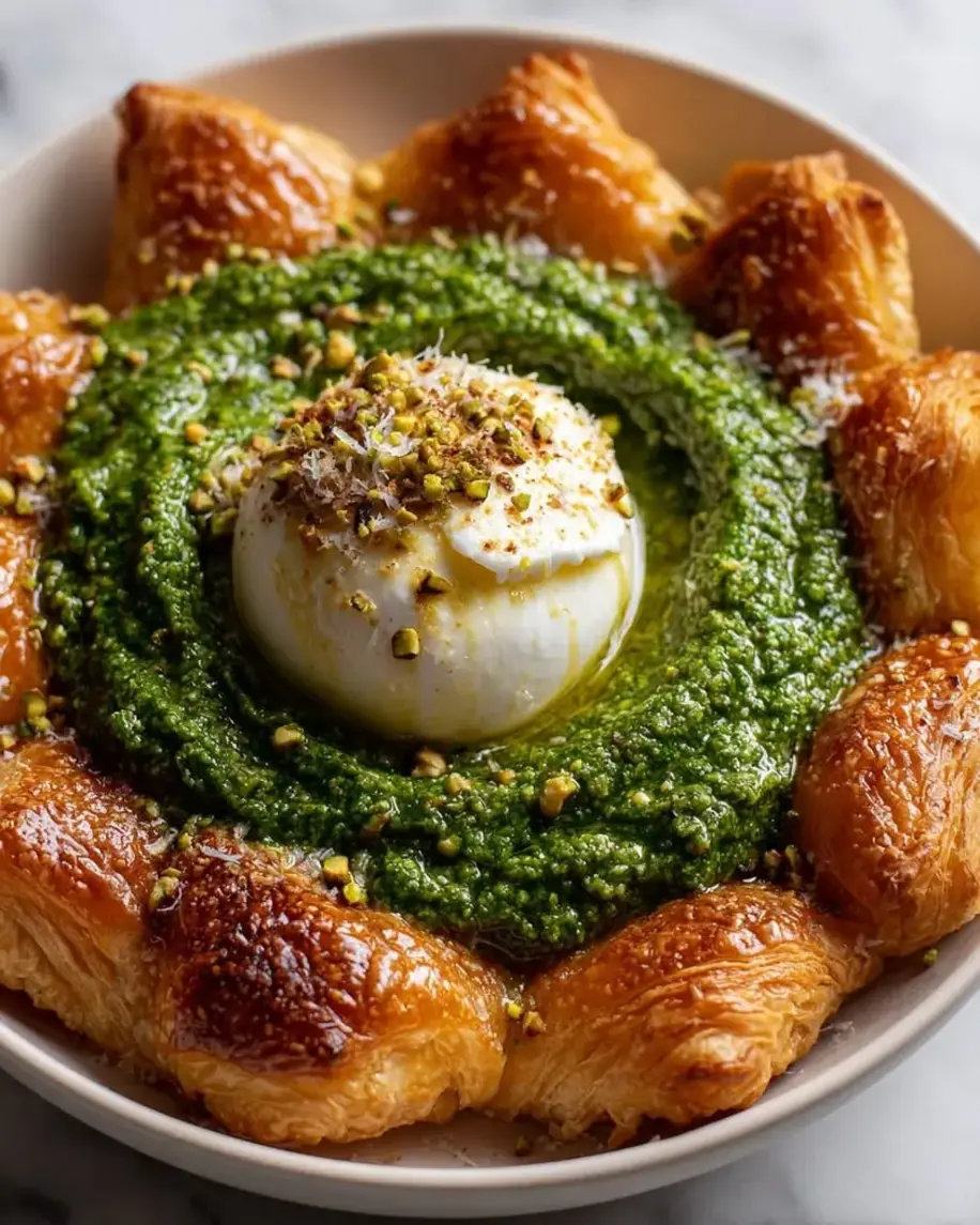 Creamy burrata with pistachio-basil pesto and puff pastry twists arrangement