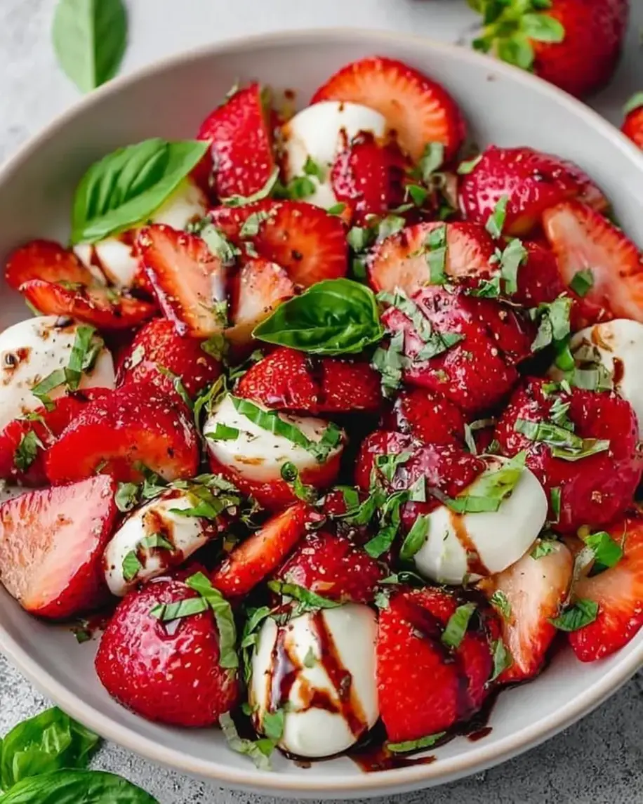 Delectable Balsamic Strawberry Caprese salad with fresh mozzarella, basil, and ripe strawberries drizzled with balsamic glaze.