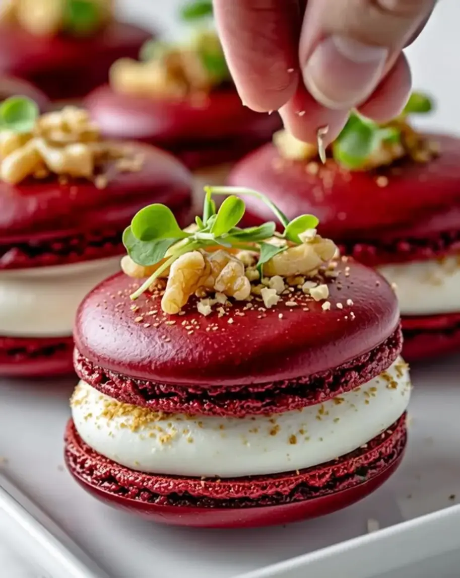 Savory Beet Macarons with Goat Cheese and Walnut Crunch