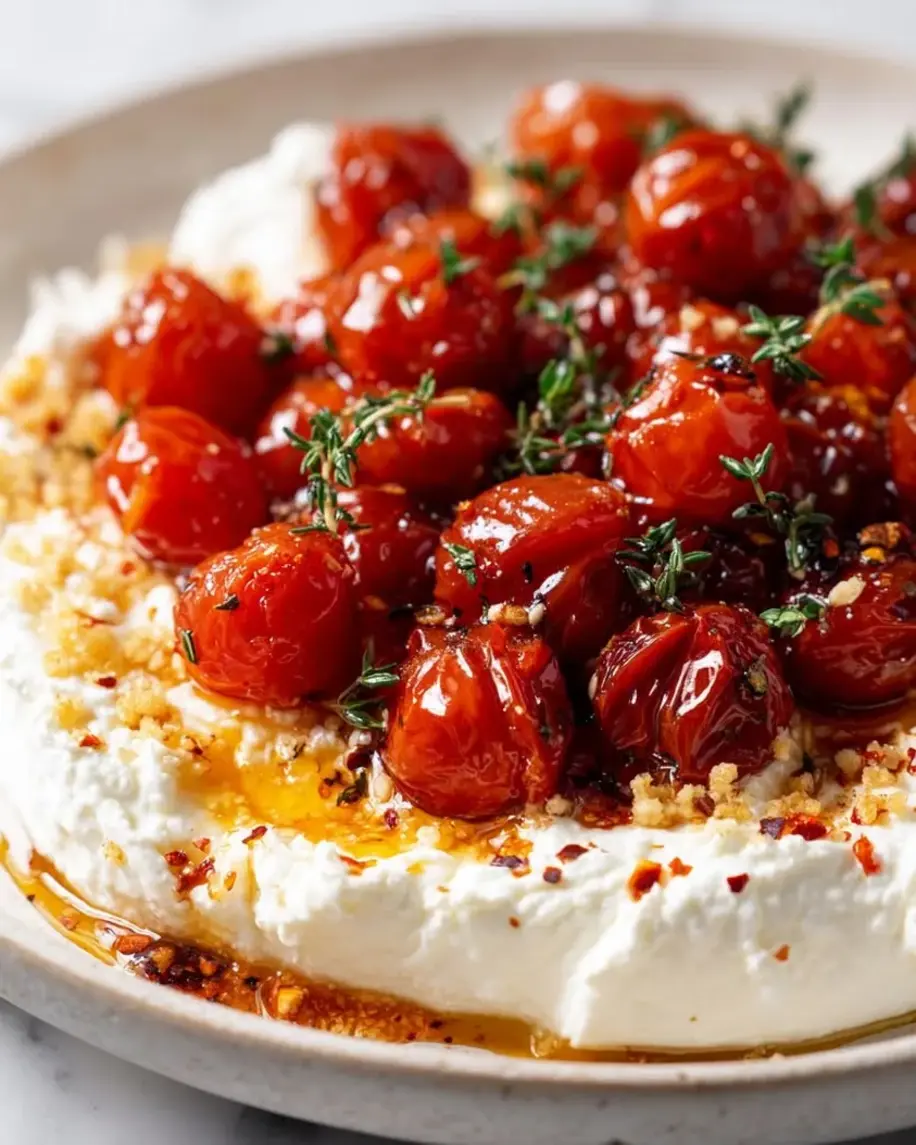 Swicy Candied Cherry Tomatoes on Whipped Feta