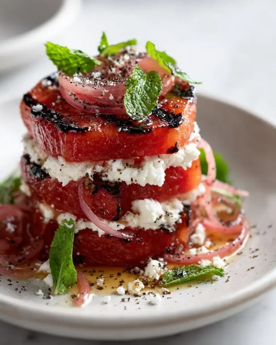 Grilled watermelon slices with whipped ricotta and pickled onions