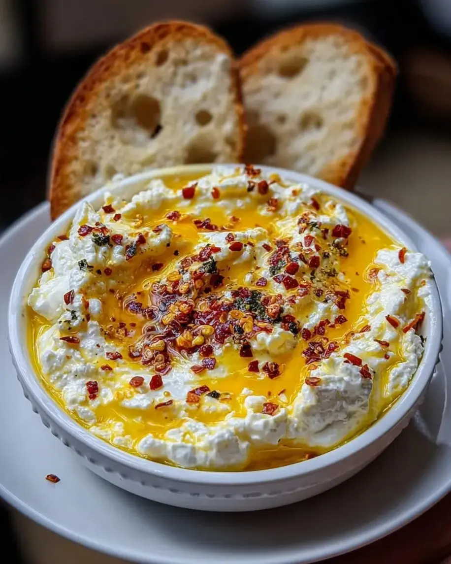 Whipped feta dip in a bowl topped with honey and chili flakes