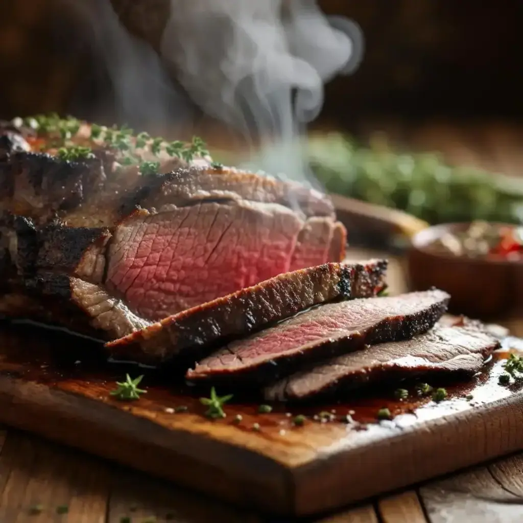 A beautifully seared chuck roast ready for braising, surrounded by fresh herbs and vegetables.