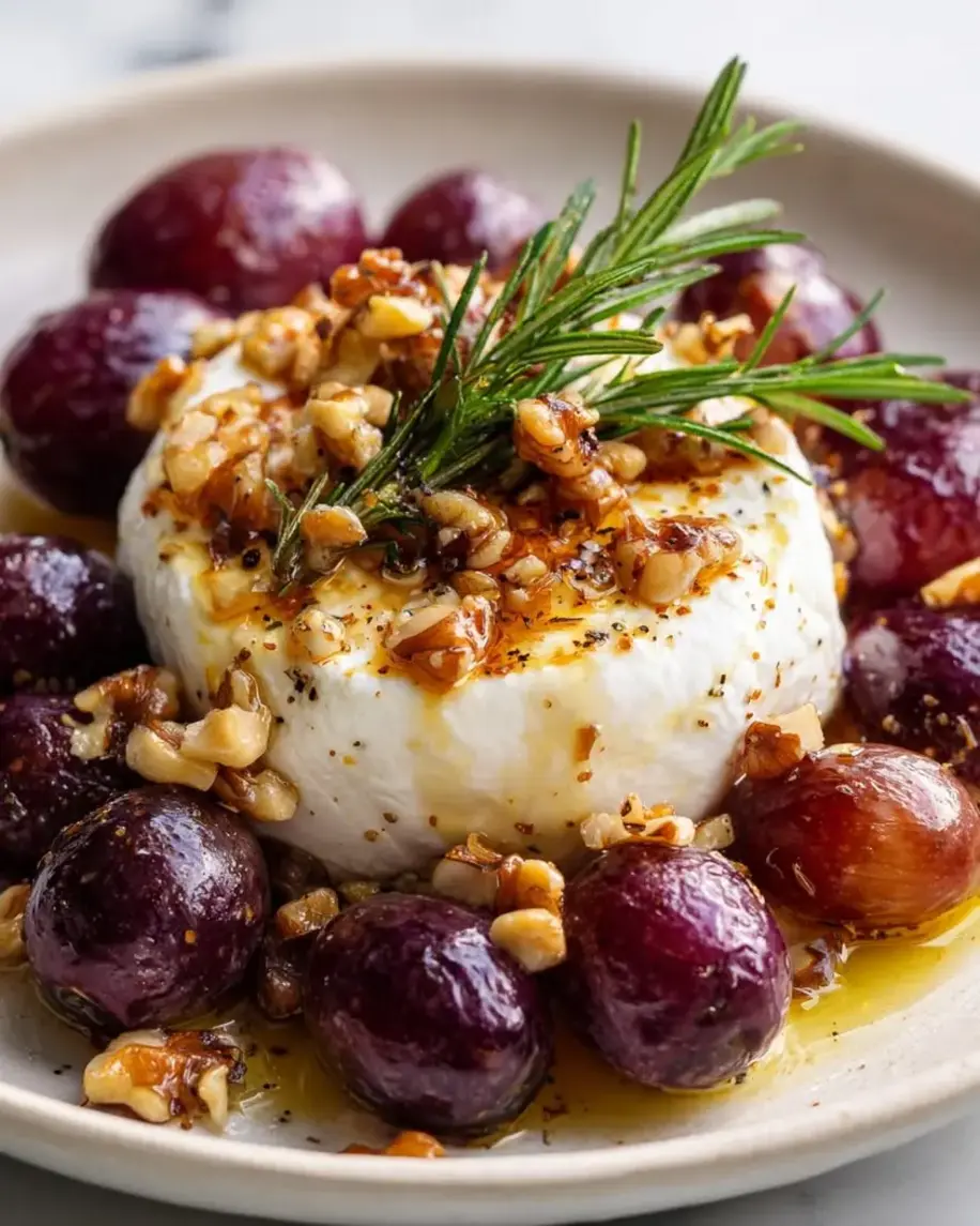 Vineyard Burrata Elegance with Roasted Grapes and Rosemary - Close up of creamy burrata with syrupy roasted grapes, rosemary sprigs, and balsamic glaze drizzled over the top.