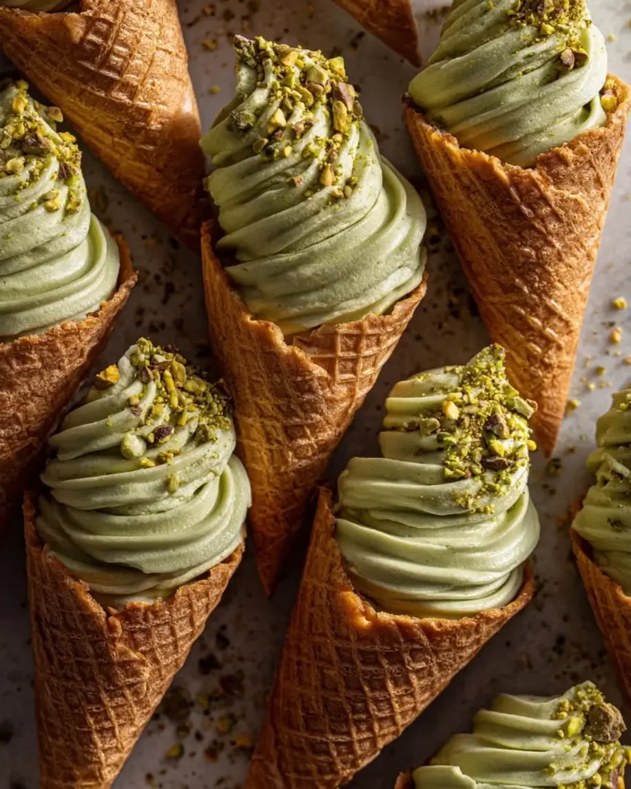 Luxurious pistachio gelato being scooped into golden cones.