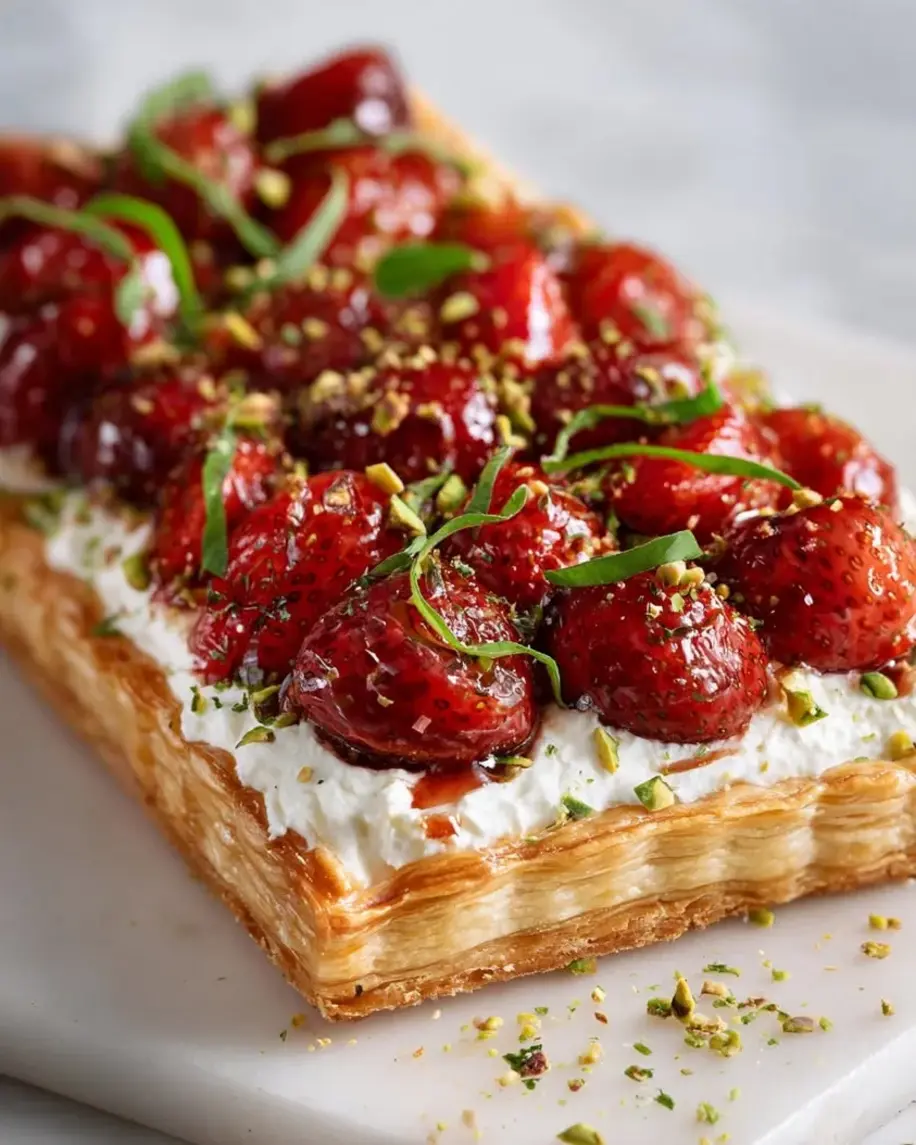 Balsamic Strawberry & Feta Puff Tart on a serving platter, garnished with basil