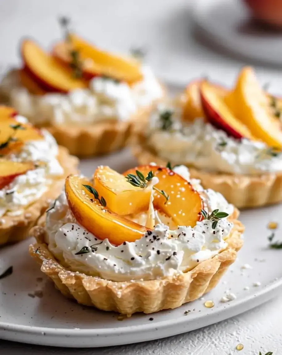 Peach and whipped feta mini tartlet being assembled