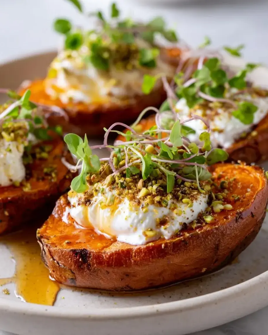 Sweet potato burrata boats with hot honey drizzled on top