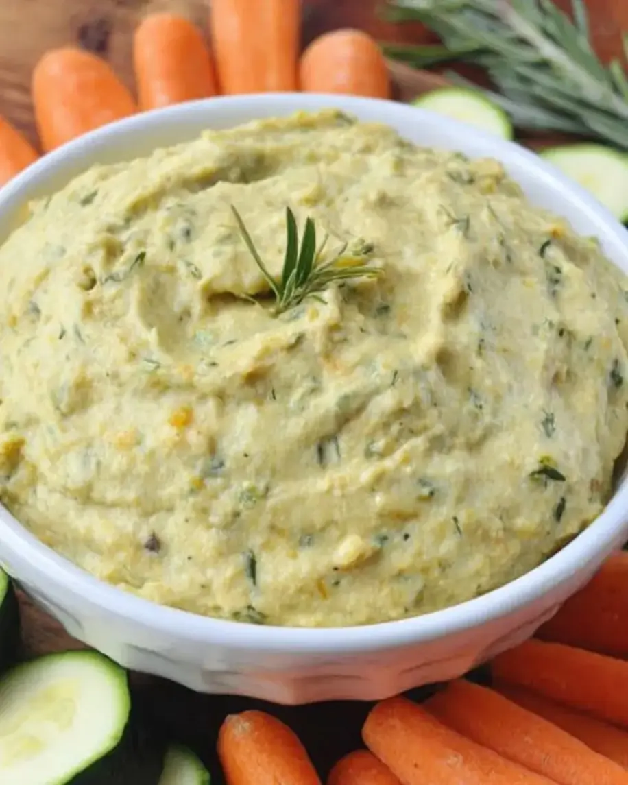 Roasted zucchini hummus in a bowl with pita bread and vegetables
