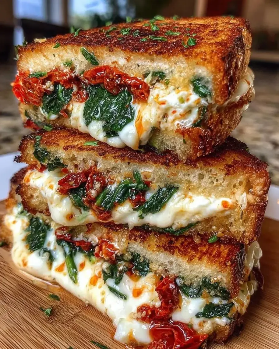 Sun-Dried Tomato Spinach and Ricotta Grilled Cheese close-up, showing melted cheese and vibrant fillings.