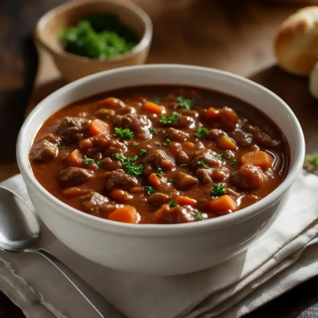 A hearty gluten-free chicken and vegetable stew in a crock pot, ready to be served.