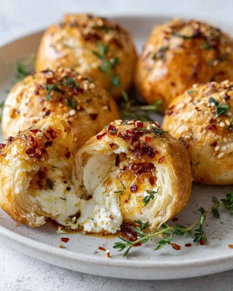 Spicy Honey Burrata Puff Pastry Bombs arranged on a platter, ready to be served.