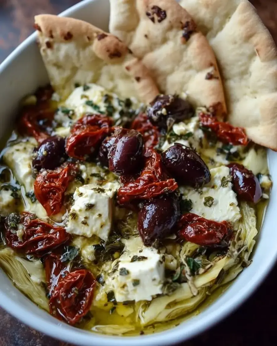 Mediterranean Baked Feta with Tomatoes and Olives in a baking dish