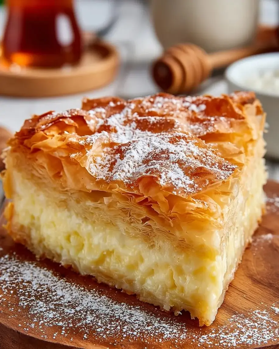 Golden Bougatsa pastries dusted with powdered sugar and cinnamon