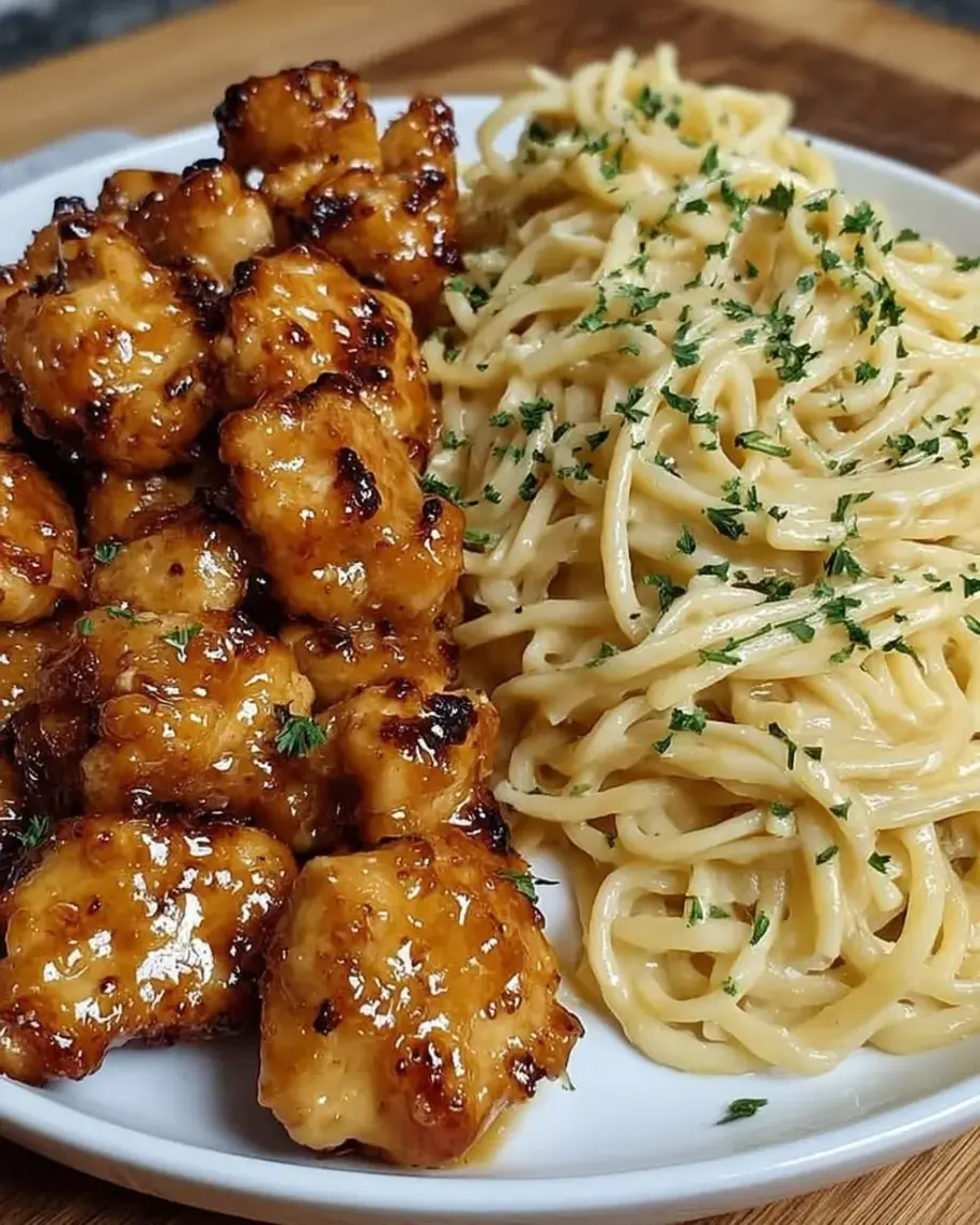 Lemon Garlic Butter Chicken with Creamy Parmesan Pasta being served.