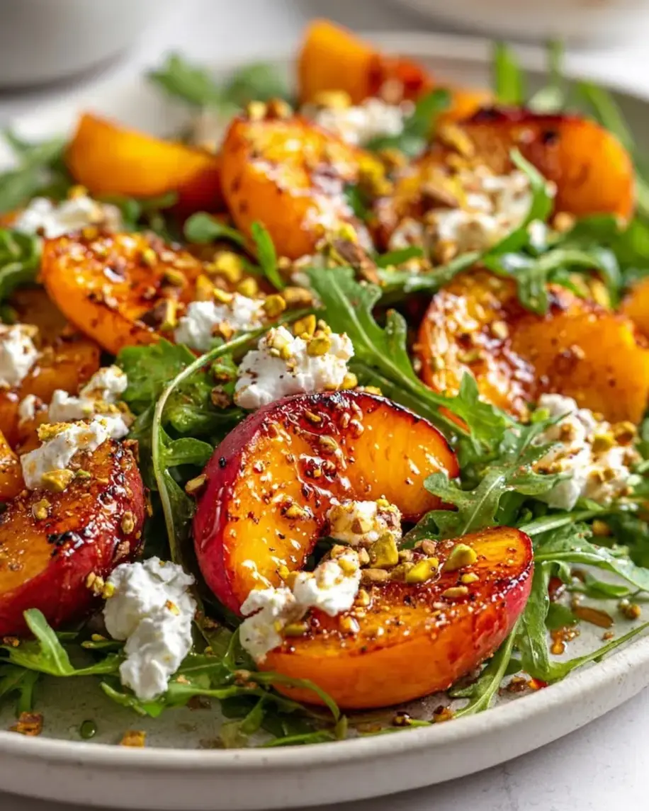 A delightful roasted peach and pistachio salad with honey ricotta, showcasing vibrant colors and fresh ingredients.