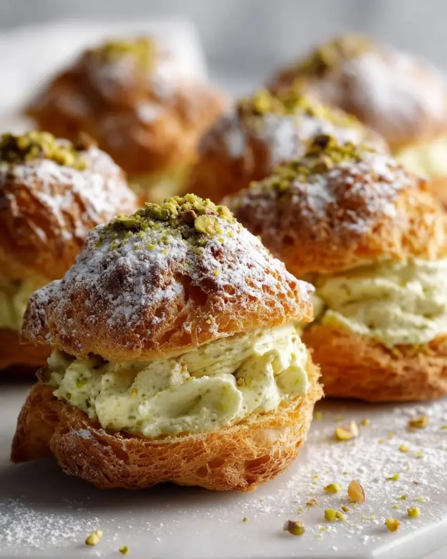 Golden choux pastry puffs arranged elegantly on a plate, some filled and drizzled with pistachio.