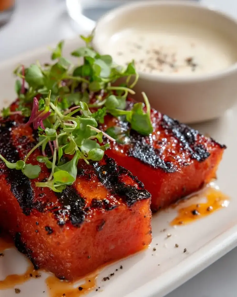 Grilled watermelon steak with blue cheese fondue