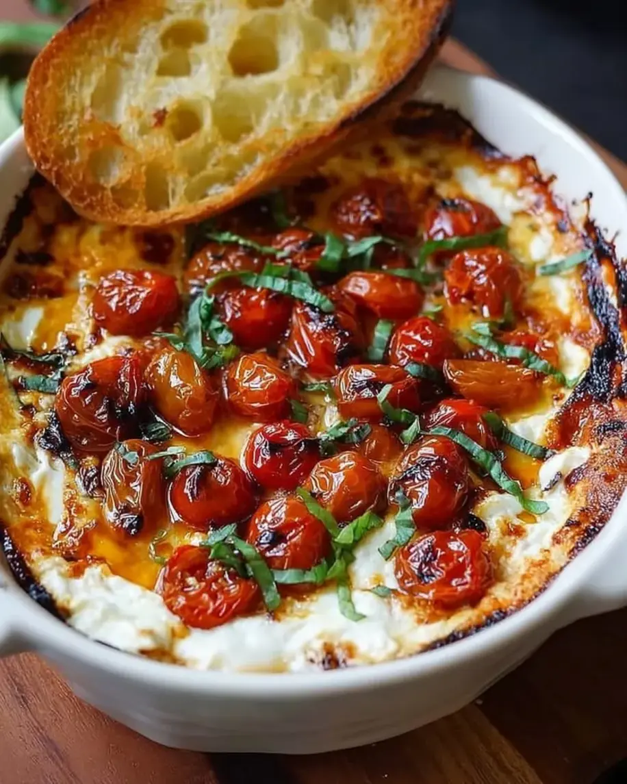 Three-cheese tomato bruschetta dip in a baking dish.