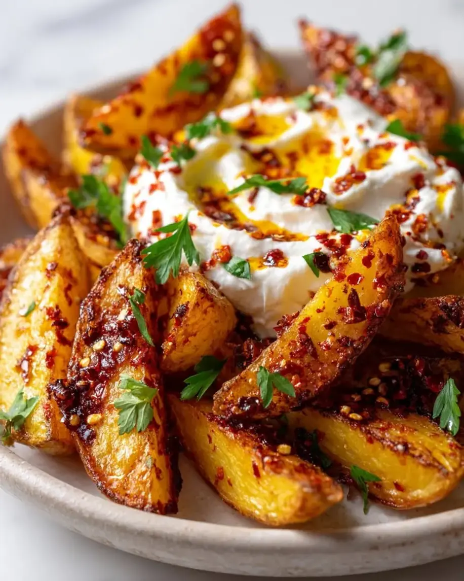 Golden potato wedges scattered on a plate with dollops of ricotta and chili crunch.