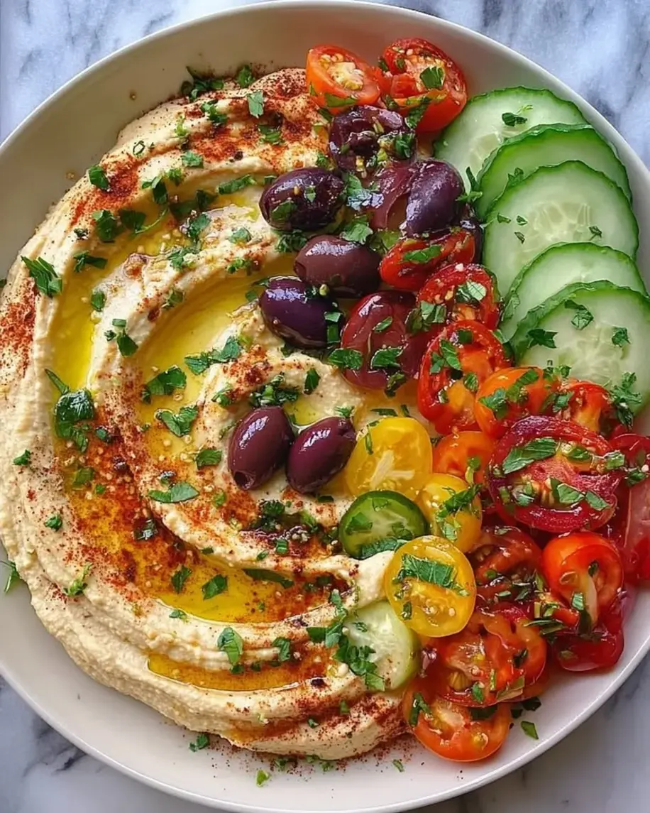 A vibrant bowl of Greek Style Loaded Hummus with toppings like feta, olives, tomatoes, and cucumber.