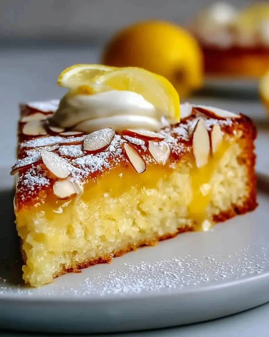A slice of Zesty Ricotta Almond Cake with Lemon Curd Swirl on a white plate, showcasing the moist crumb and vibrant swirl.