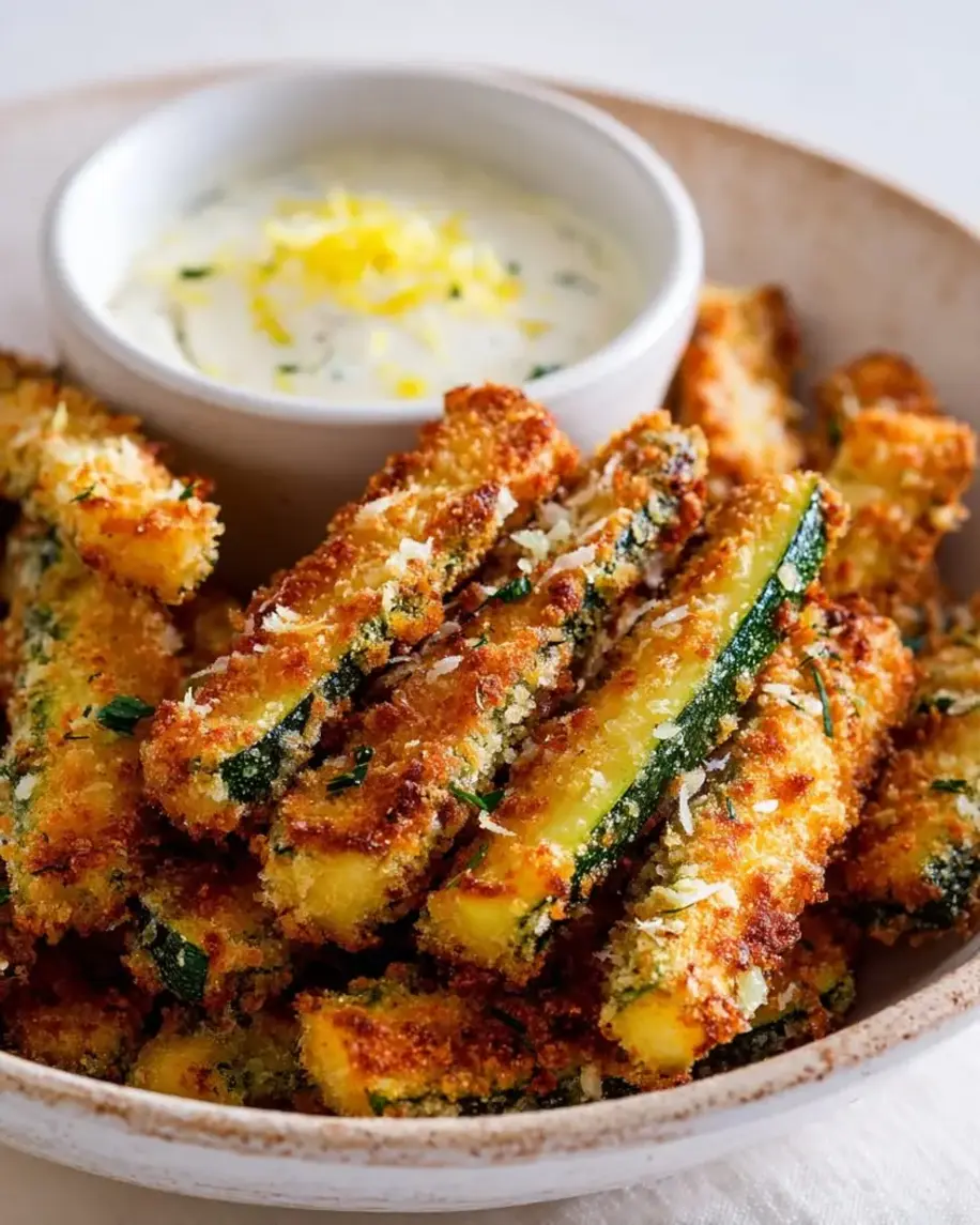 Crispy baked zucchini fries arranged on a platter with a side of lemon parmesan dip.
