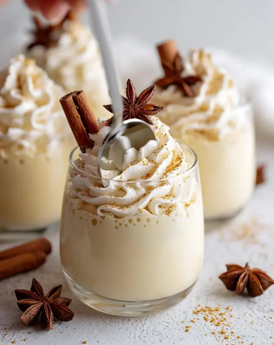 Indulgent Eggnog Panna Cotta Verrines in elegant glasses, garnished with a sprinkle of cinnamon.