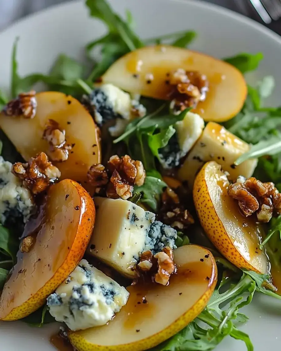 Caramelized pear and blue cheese salad ingredients neatly arranged
