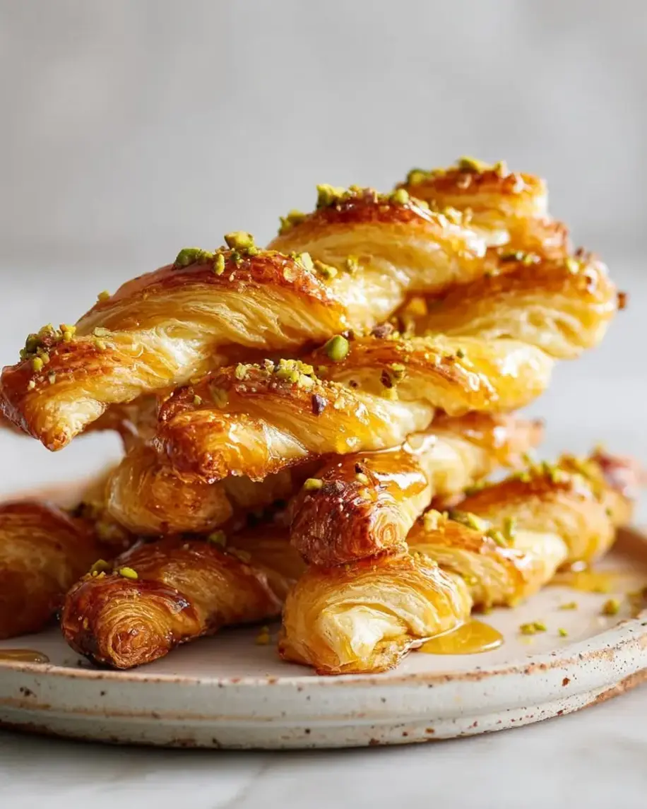 Hot Honey Pistachio Pastry Twists on a baking sheet, golden brown and ready to be glazed.