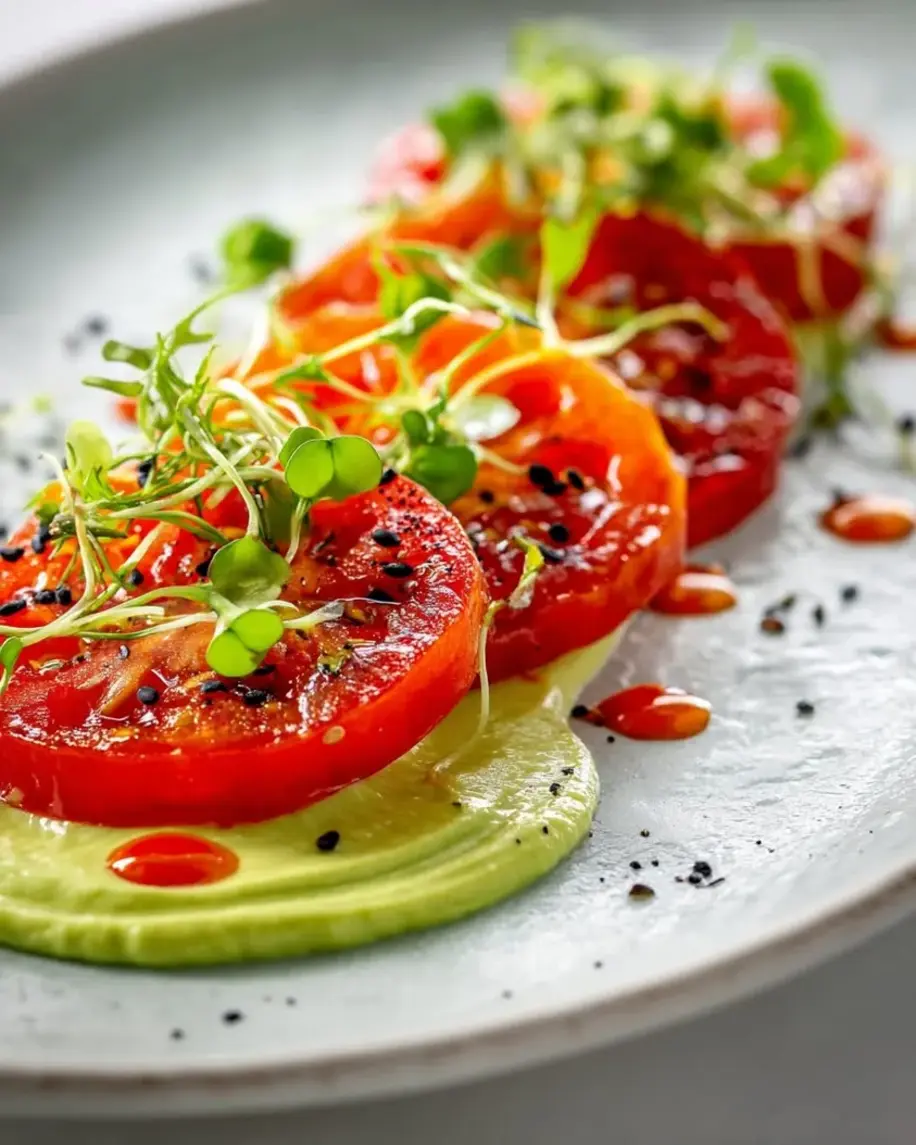 Confited tomatoes and avocado-lime swirl dish, showcasing colorful tomatoes and creamy green swirl.