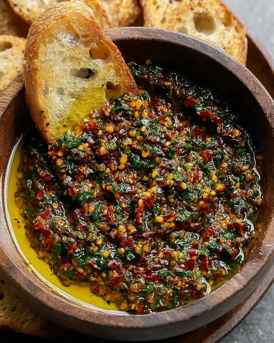 Sun-dried tomato and olive oil bread dip being served with crusty bread